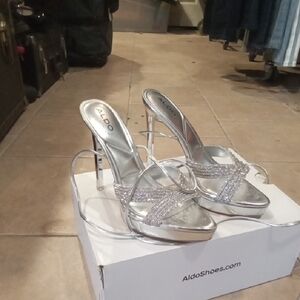 Aldo Silver Crystal-Embellished Strappy High Heels